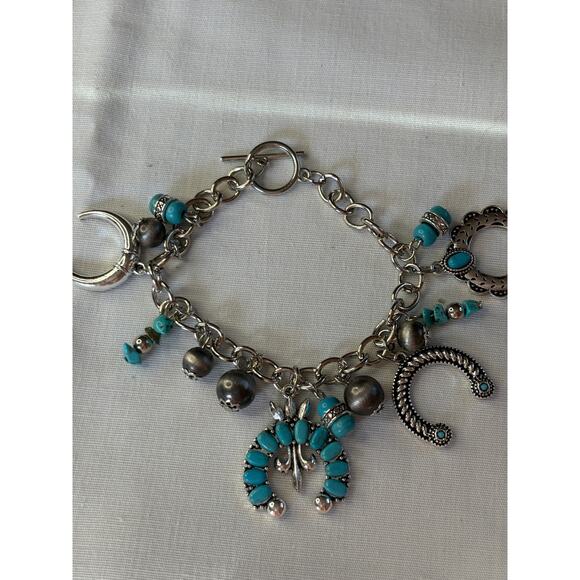 Chunky Retro Cowboy Charm Bracelet Equestrian Southwestern Turquoise Sto… - Picture 3 of 9